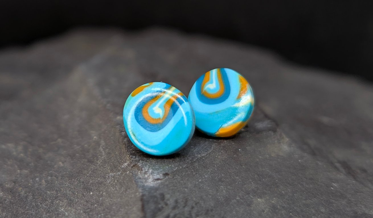 Blue and orange swirl stud earrings- handmade artisan earrings