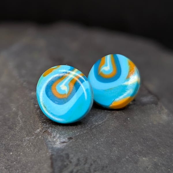 Blue and orange swirl stud earrings- handmade artisan earrings