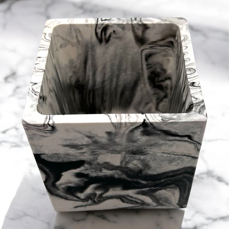 Plant Pot Cube - Unique White with Grey and Black Marbling Square Planter (cpp8)