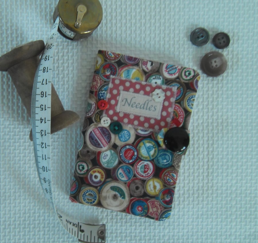 Sewing needle case in cotton reel theme fabric