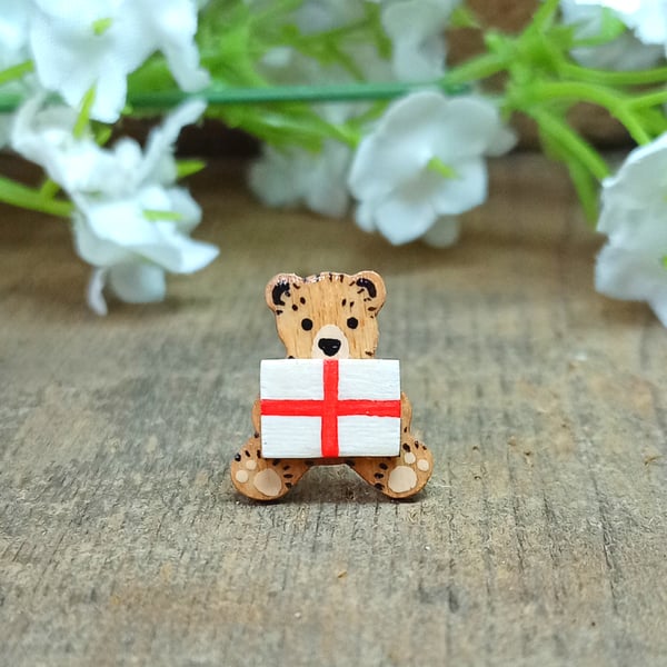 Tiny England Flag Bear Pin, Handmade Tiny Wooden St George's Teddy Badge