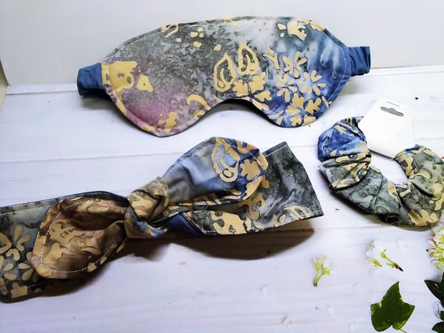 Blue Batik Sleep Mask Gift Set, Scrunchie, Headband, Handmade Yorkshire