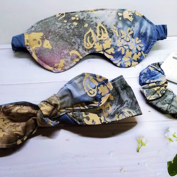 Blue Batik Sleep Mask Gift Set, Scrunchie, Headband, Handmade Yorkshire