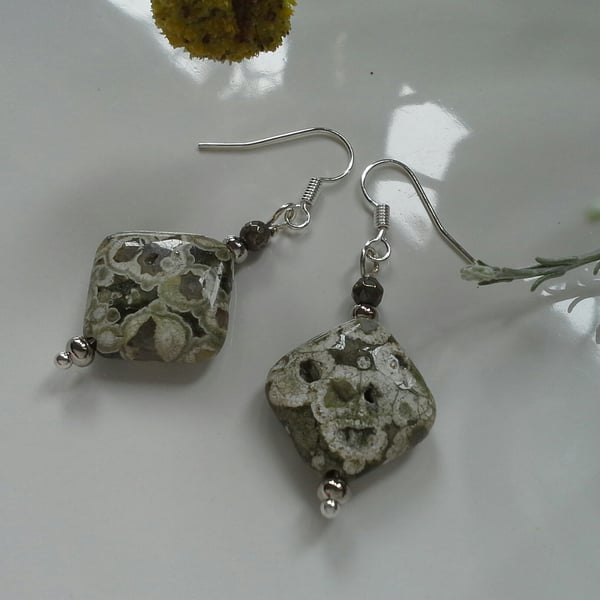 Kambaba Jasper ; Pyrite Silver Plate Earrings