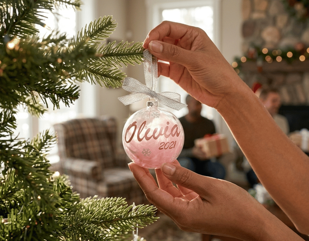 Baby's First Personalised Christmas Bauble - Feather Hanging Decoration