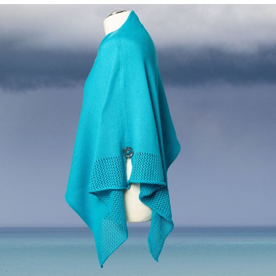 Turquoise Cotton Women's poncho. Textured poncho. Asymmetric top. Shawl.