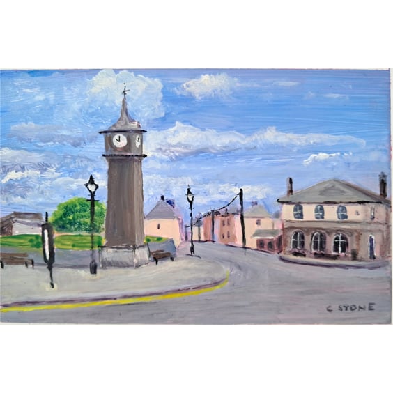 Clock Tower St. Just, Cornwall, Small Acrylic Painting on Yupo Paper Mounted