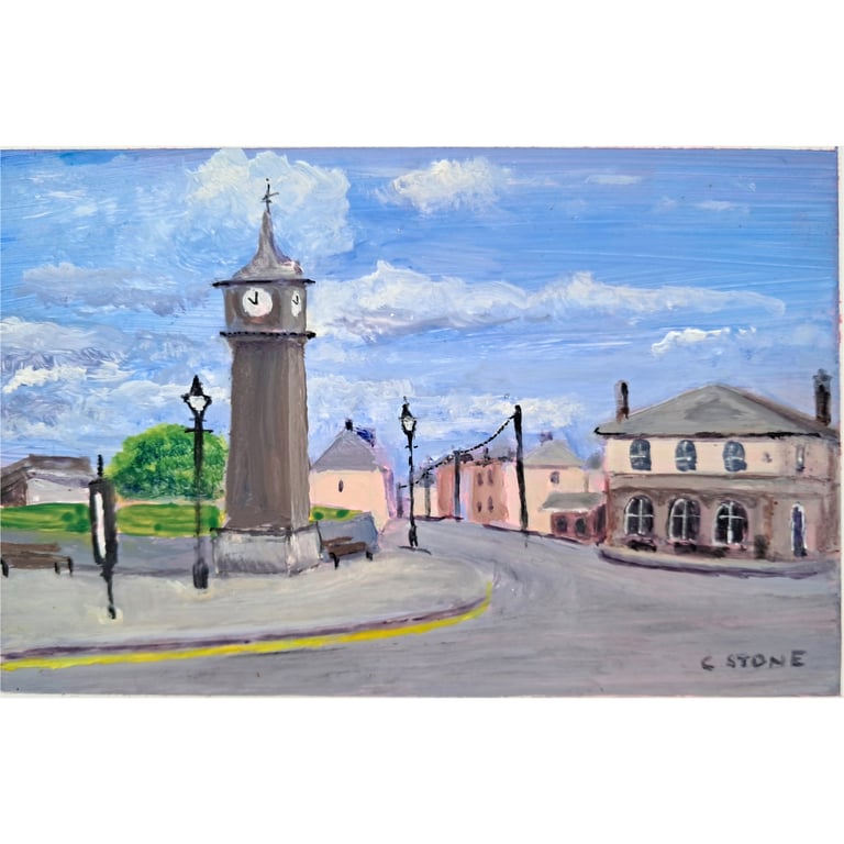 Clock Tower St. Just, Cornwall, Small Acrylic Painting on Yupo paper Mounted
