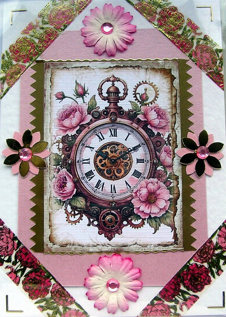 Pink Steampunk Clock - Hand Crafted Decoupage Greeting Card - Blank - 2800
