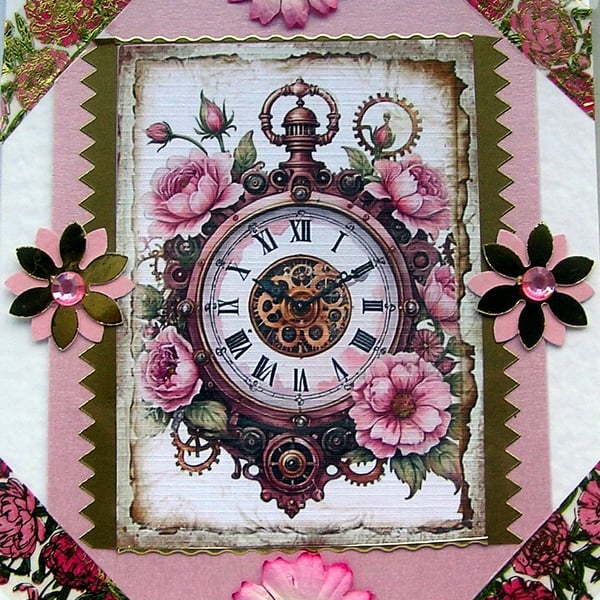 Pink Steampunk Clock - Hand Crafted Decoupage Greeting Card - Blank - 2800