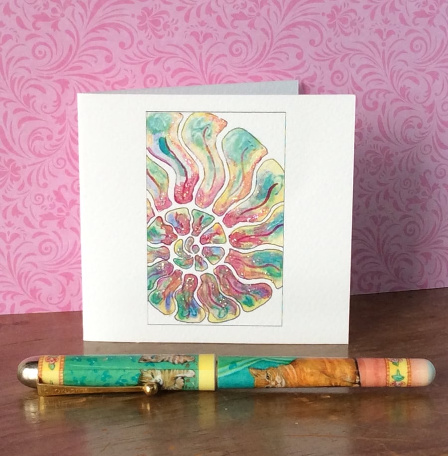 Watercolour ammonite printed blank card. 