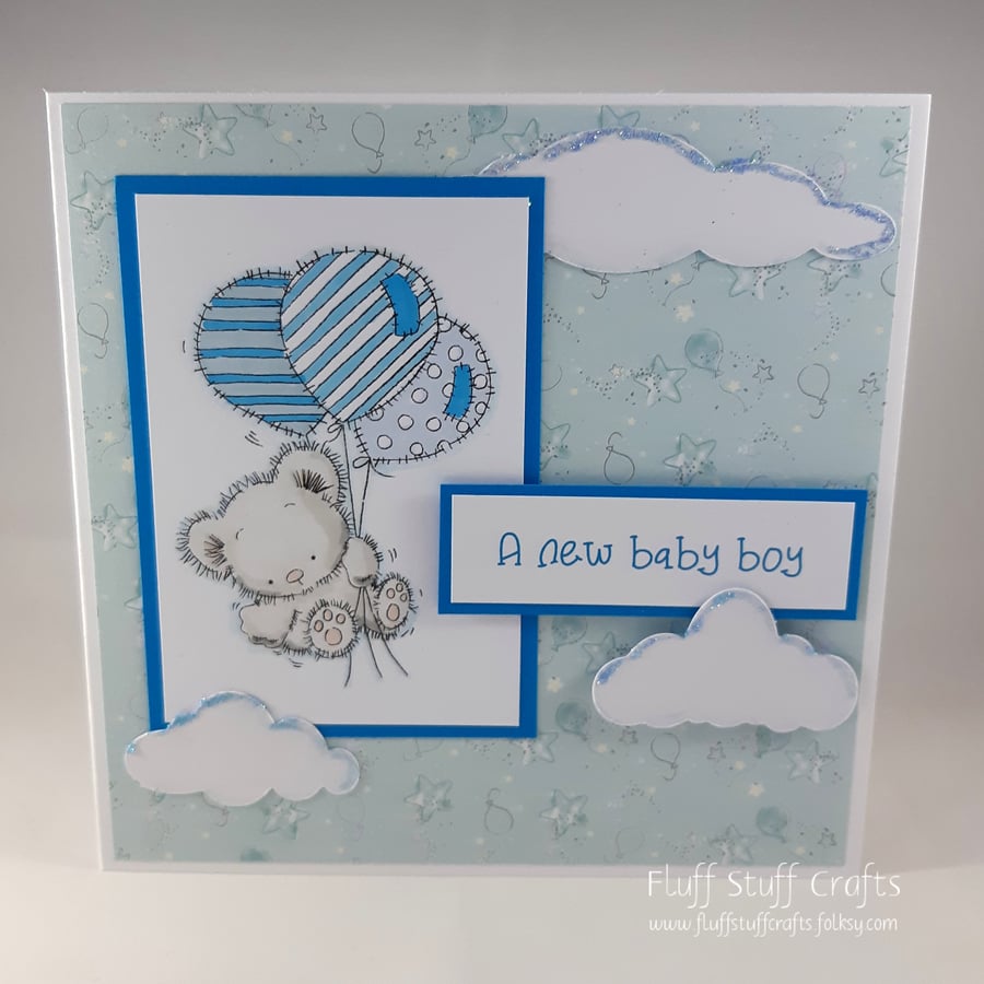 Handmade new baby boy card - teddy with balloons