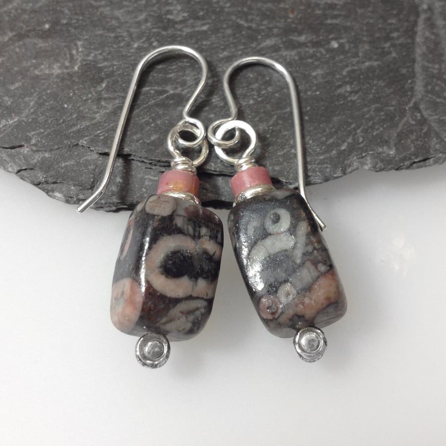 sterling silver crinoid fossil and rhodocrosite earrings