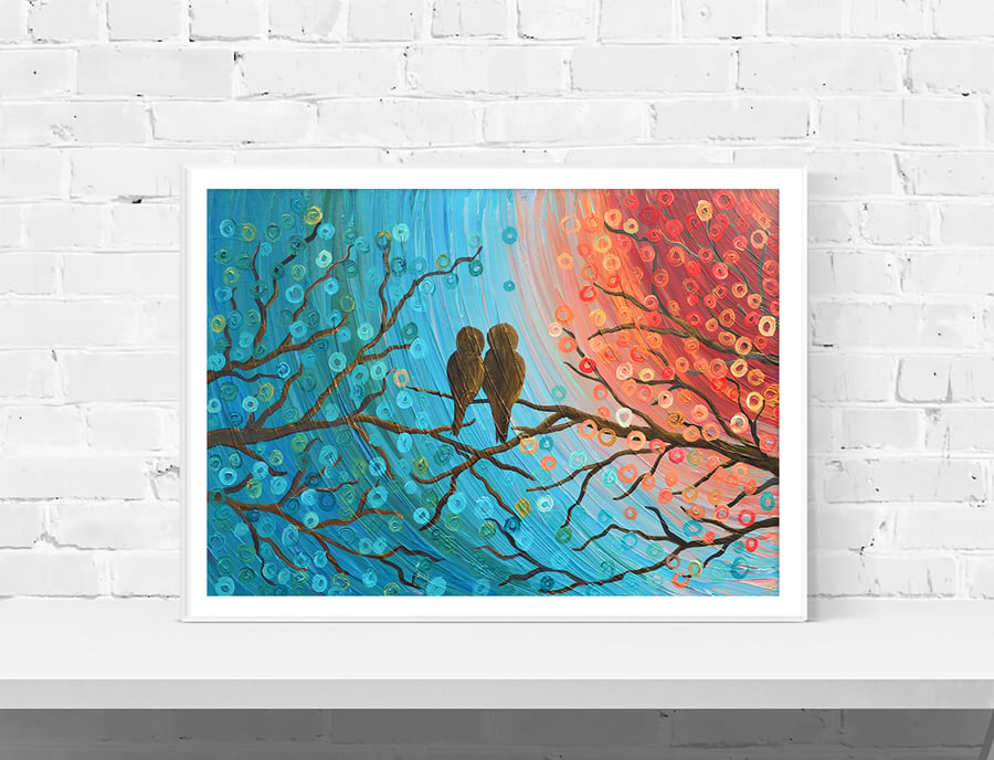 Lovebirds Wall Art Print - Turquoise and Orange Lovebirds Fine Art Giclee Print