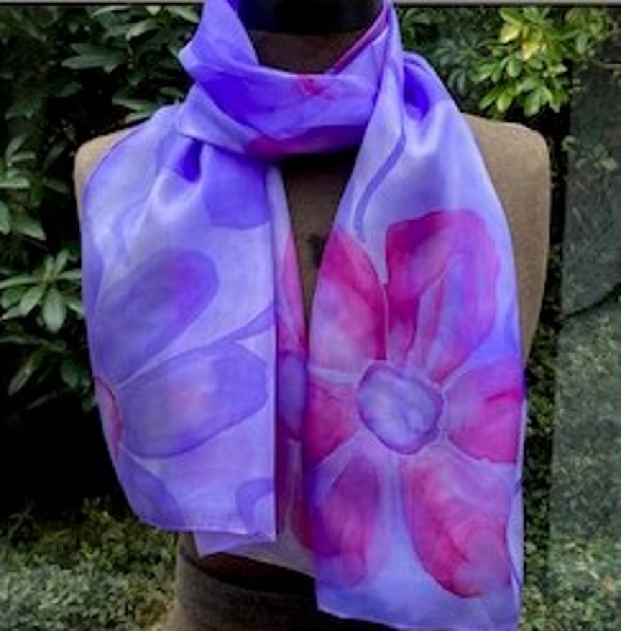Purple floral hand painted silk scarf