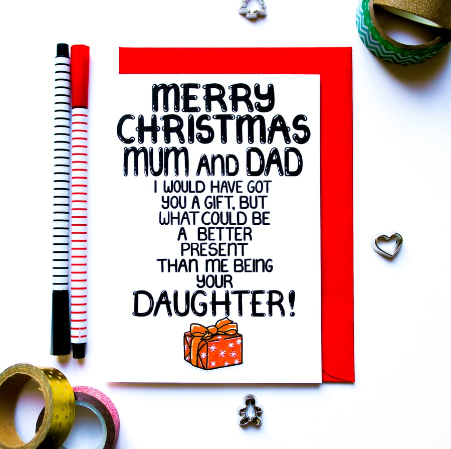 Funny Christmas Card for Mum and Dad, Christmas Card From Daughter to Parents