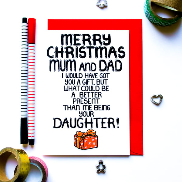 Funny Christmas Card for Mum and Dad, Christmas Card From Daughter to Parents