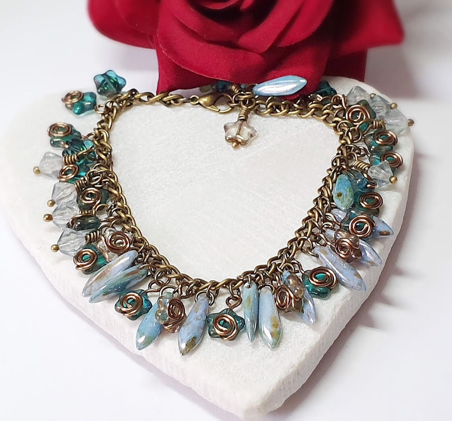 blue and bronze boho Czech glass beaded gypsy charm bracelet  