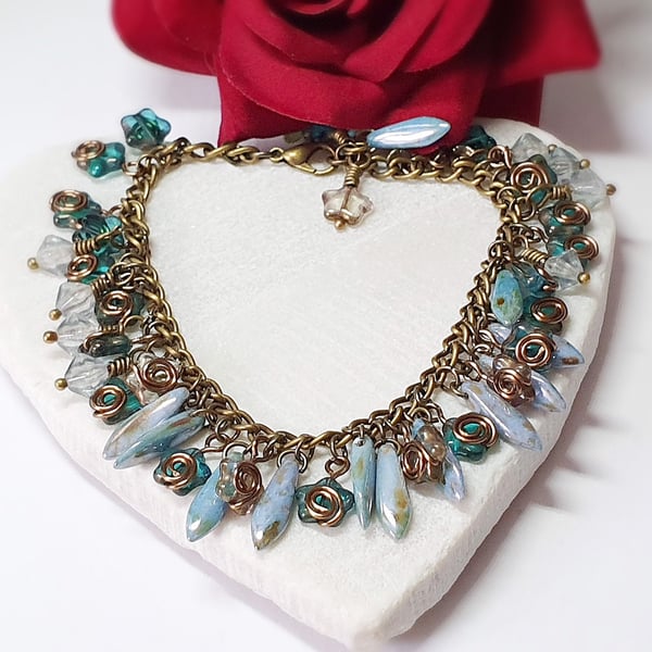 blue and bronze boho Czech glass beaded gypsy charm bracelet  