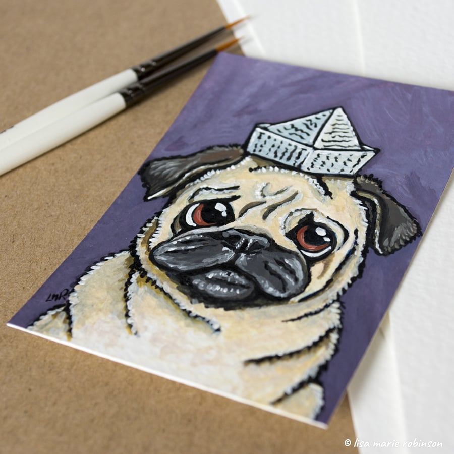 Pug in a Paper Hat - Original ACEO