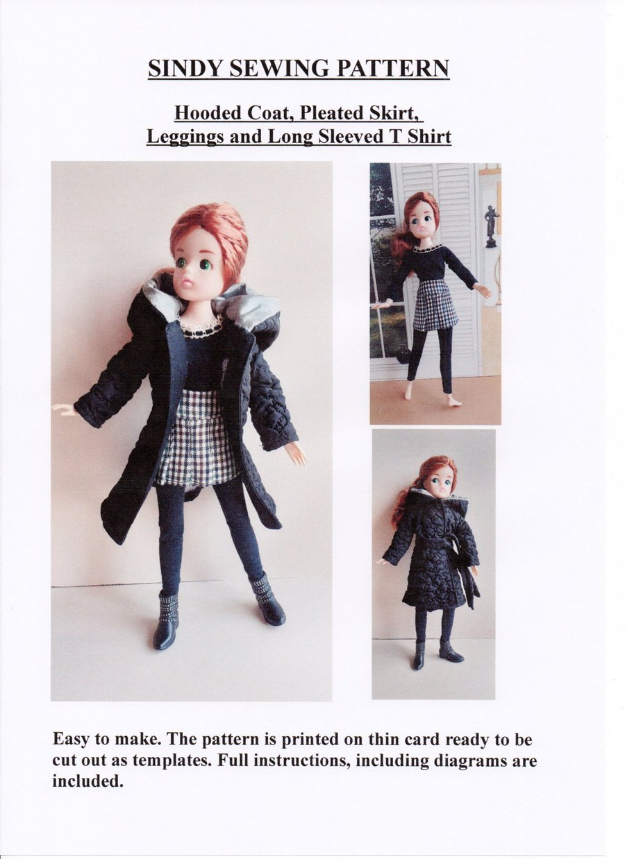Sindy Sewing Pattern for Hooded coat, Pleated Skirt,T Shirt and Leggings