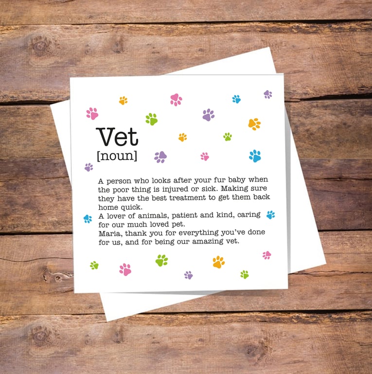 Vet Definition Card - Birthday, Thank you, personalised, blank inside