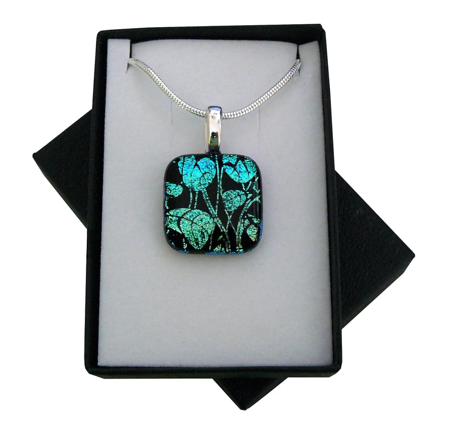 HANDMADE FUSED DICHROIC GLASS 'LEAF' PENDANT.