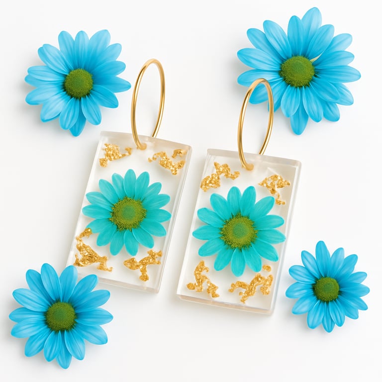 Blue Daisy Resin Rectangle Earrings with Gold Leaf Hoops