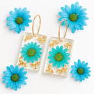 Blue Daisy Resin Rectangle Earrings with Gold Leaf Hoops