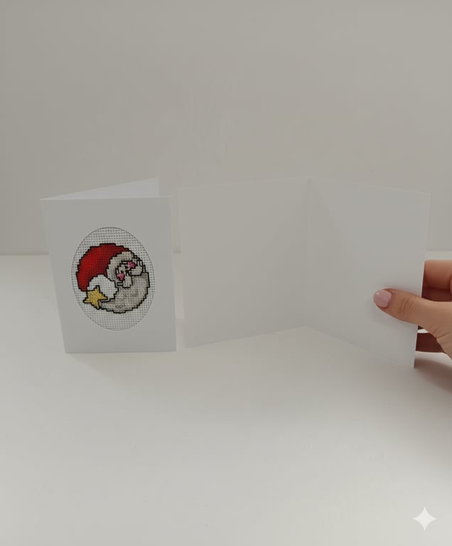 Festive Santa Moon Card – Small Handmade Cross Stitch Greeting