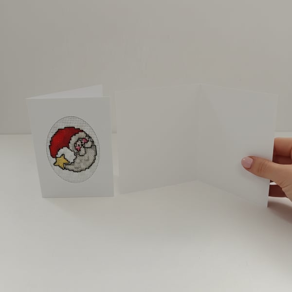 Festive Santa Moon Card – Small Handmade Cross Stitch Greeting
