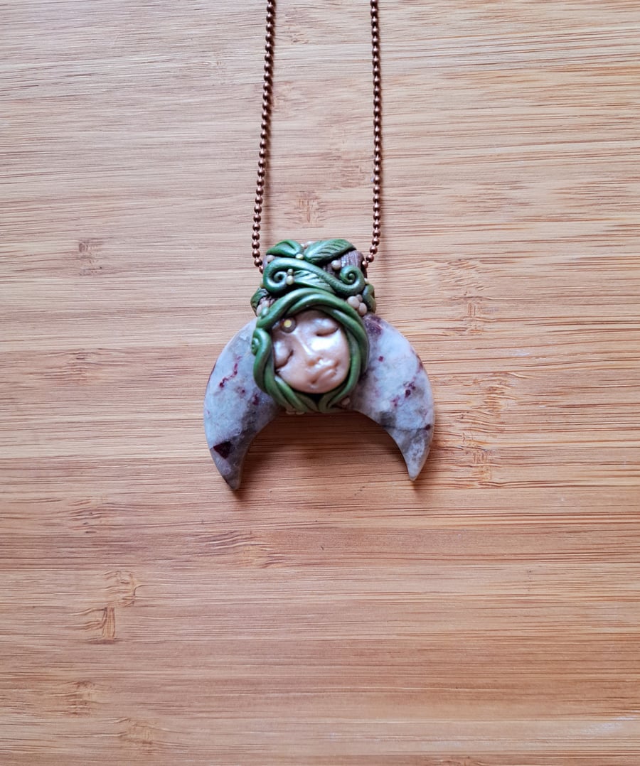 Rubellite Crystal Crescent Moon and Polymer Clay Goddess Amulet Pendant 