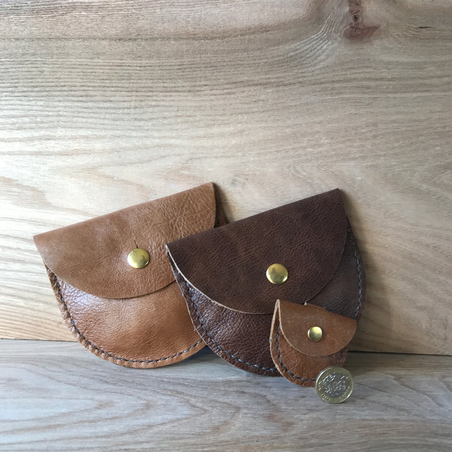 Leather pocket pouch - LUNA - handy size stitched brown leather purse