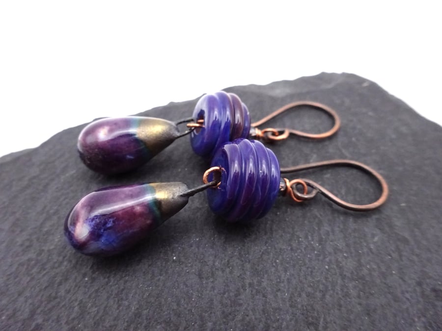 lampwork glass purple earrings, ceramic and copper jewellery