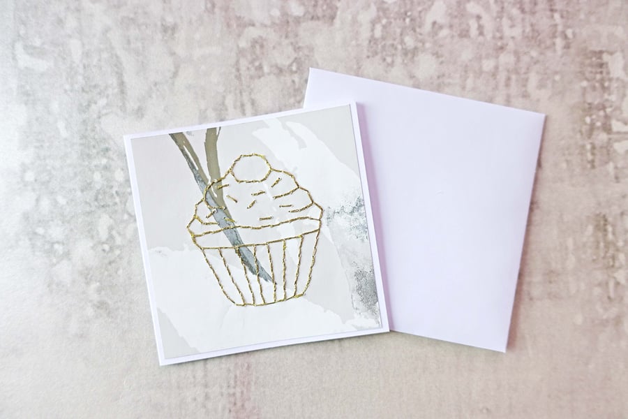 SALE Gold Cupcake Birthday Card, Hand Stitched Card