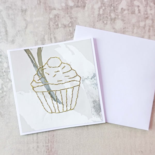 SALE Gold Cupcake Birthday Card, Hand Stitched Card