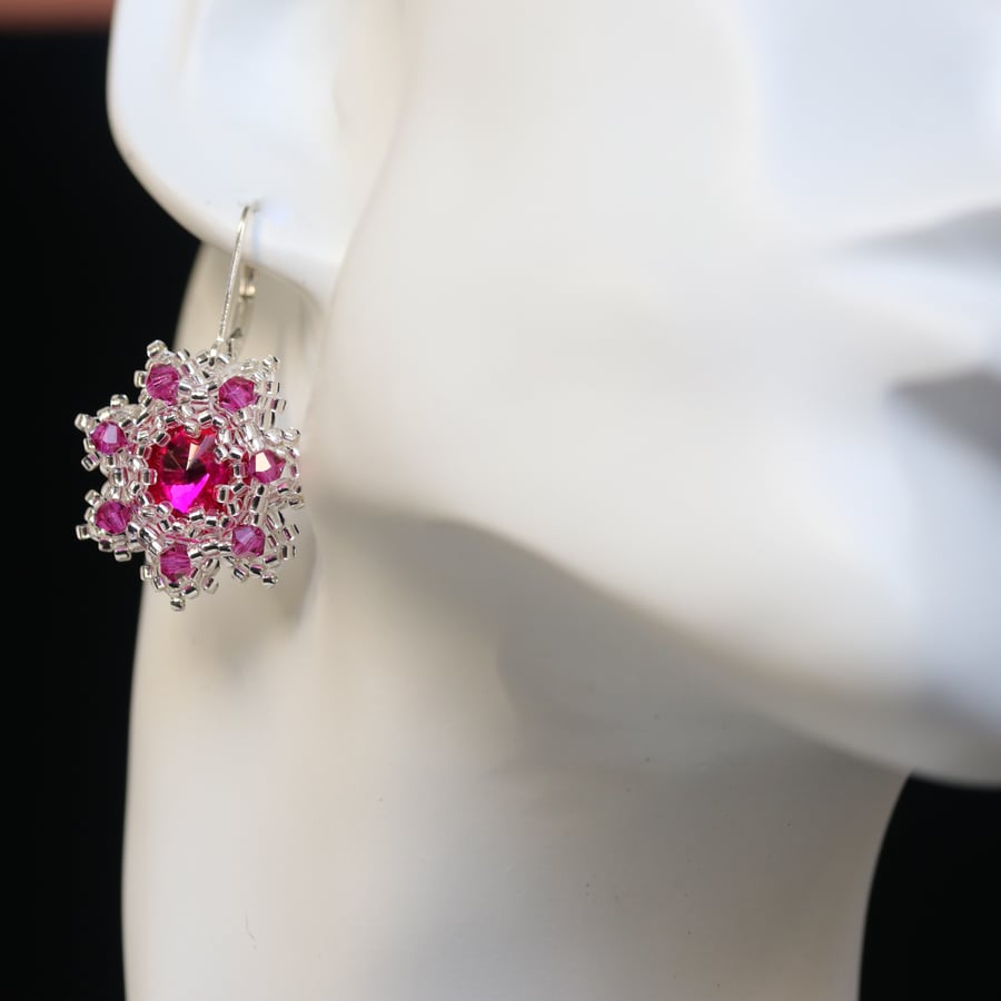 Fuchsia and Silver Beaded Crystal Earrings