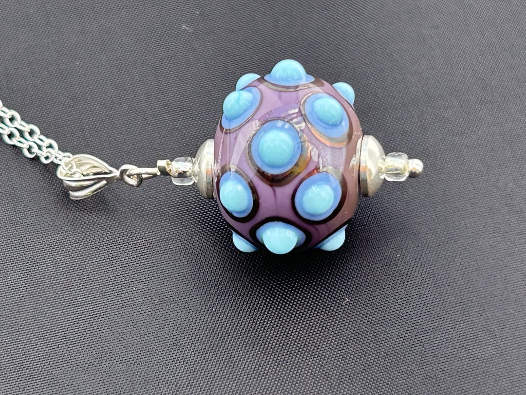purple and sky blue bumpy lampwork glass beaded pendant