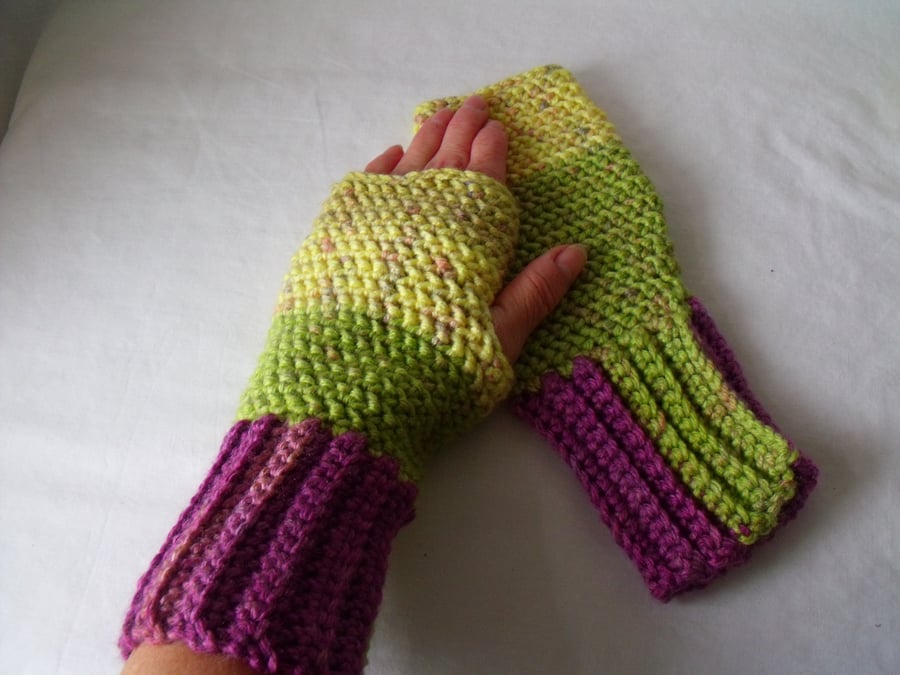 acrylic ladies bright fingerless mittens, crocheted fingerless gloves, medium