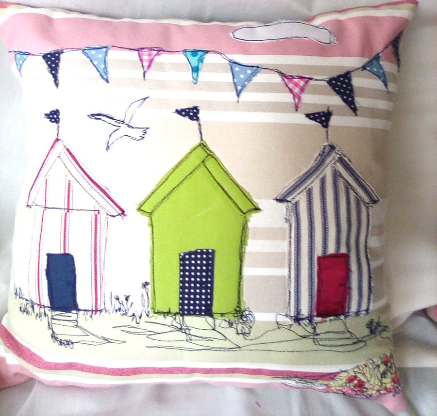 Beach Huts Handmade Appliqued Cushion Cover