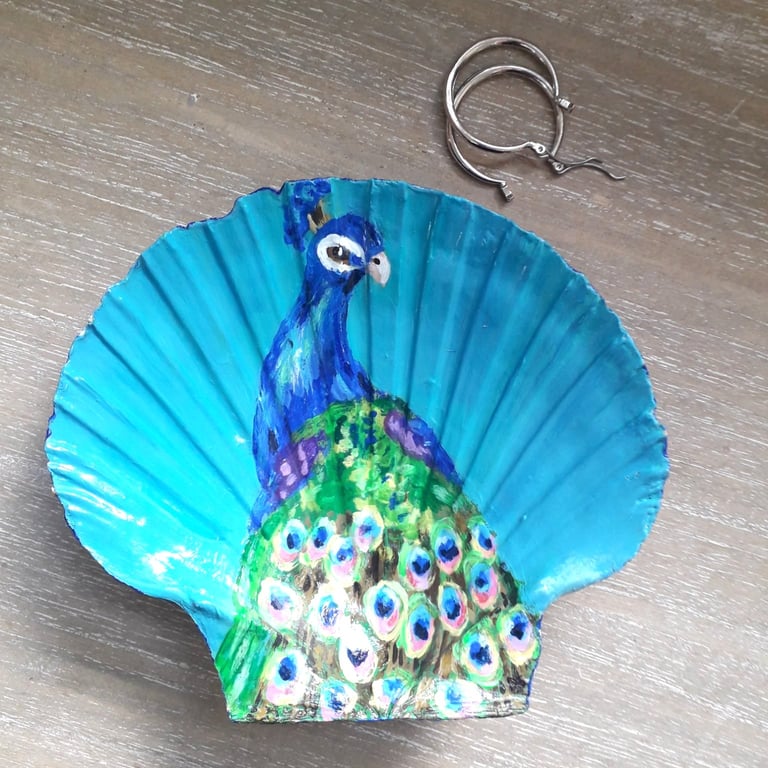 Blue and Green Peacock Trinket Dish, handpainted king scallop shell.  