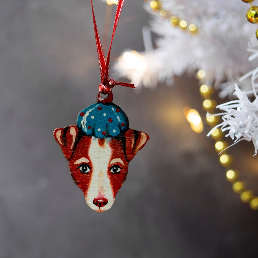 Mini wooden Jack Russell terrier Christmas ornament- double sided. 