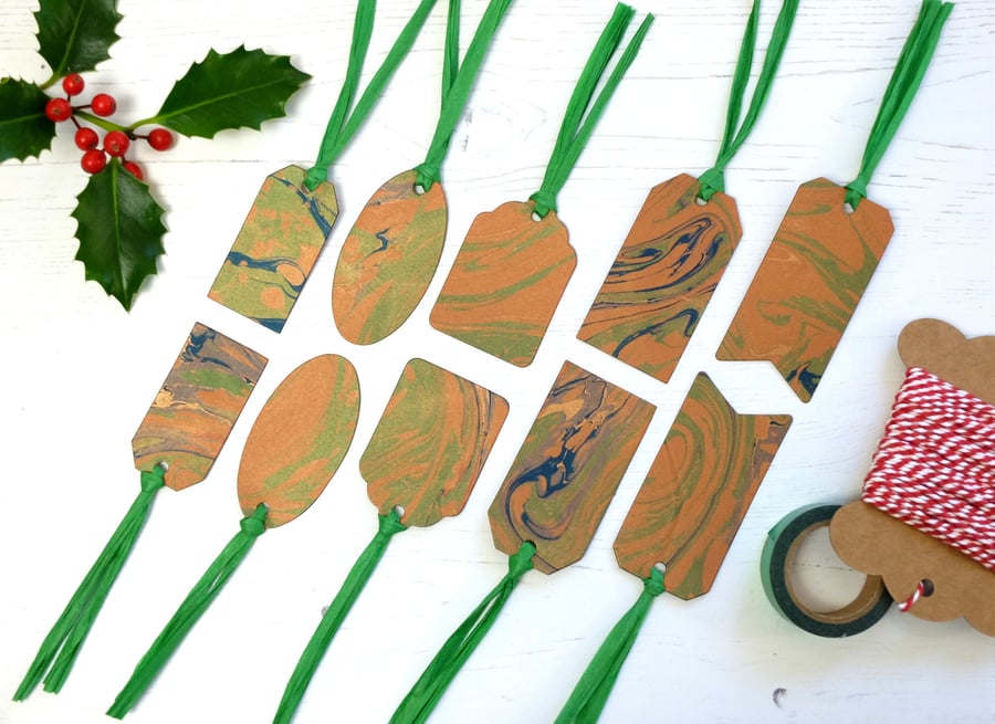 Copper and green Marbled paper gift tags mixed shapes pack