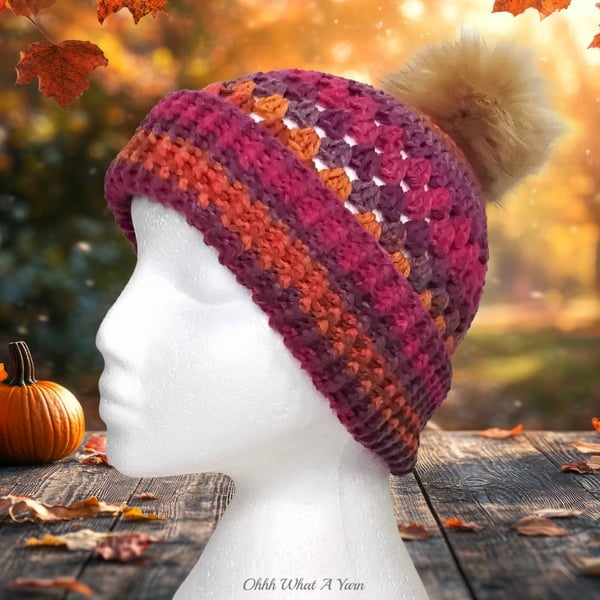 Crochet hat, beanie. Autumn colours granny stitch pom pom hat. Beanie hat.