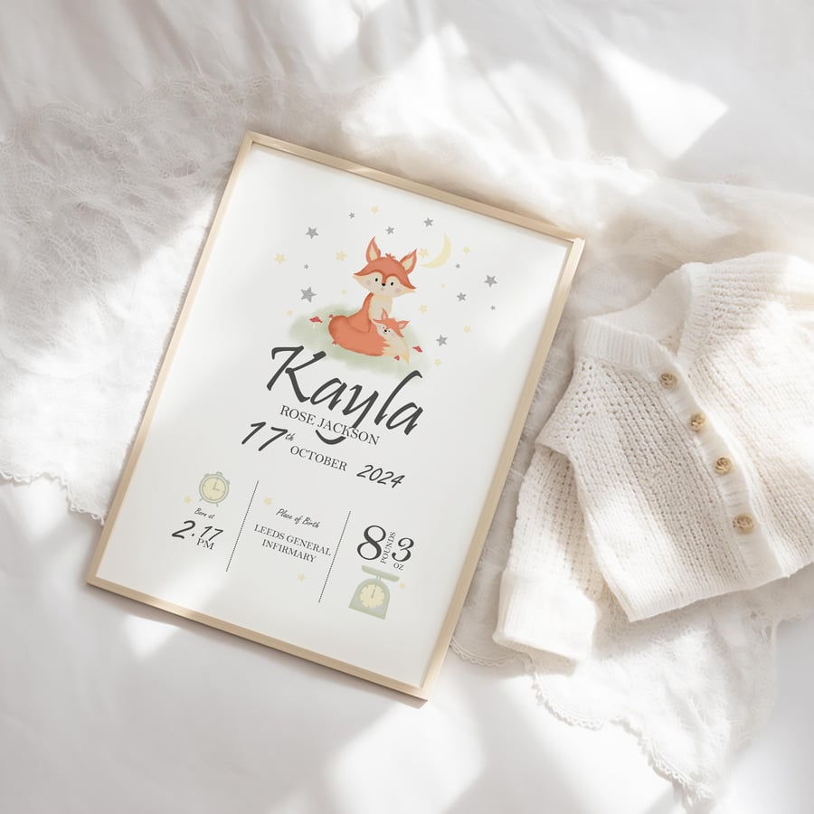 Image of Personalised Fox Cub Birth Details Print Woodland Nursery Keepsake Newborn Gift