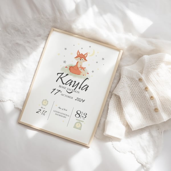 Personalised Fox Cub Birth Details Print Woodland Nursery Keepsake Newborn Gift