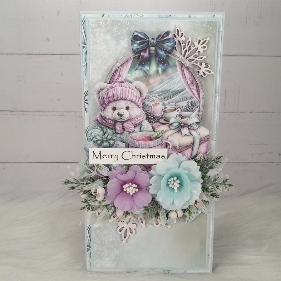 Handmade Christmas Card with Teddy Bear, Flawers & Winter Scene (117)Luxury Card