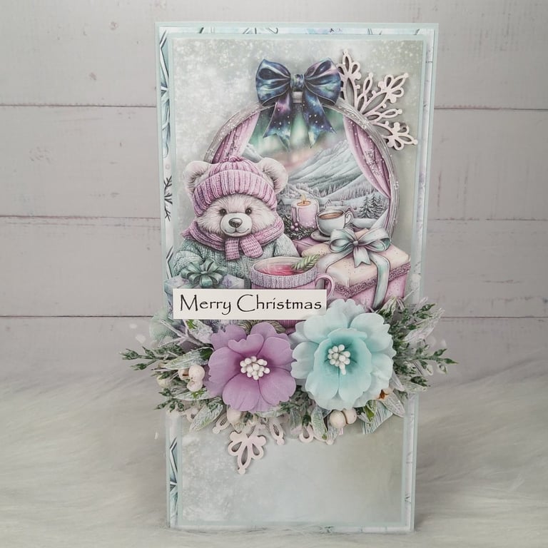 Handmade Christmas Card with Teddy Bear, Flawers & Winter Scene (117)Luxury Card