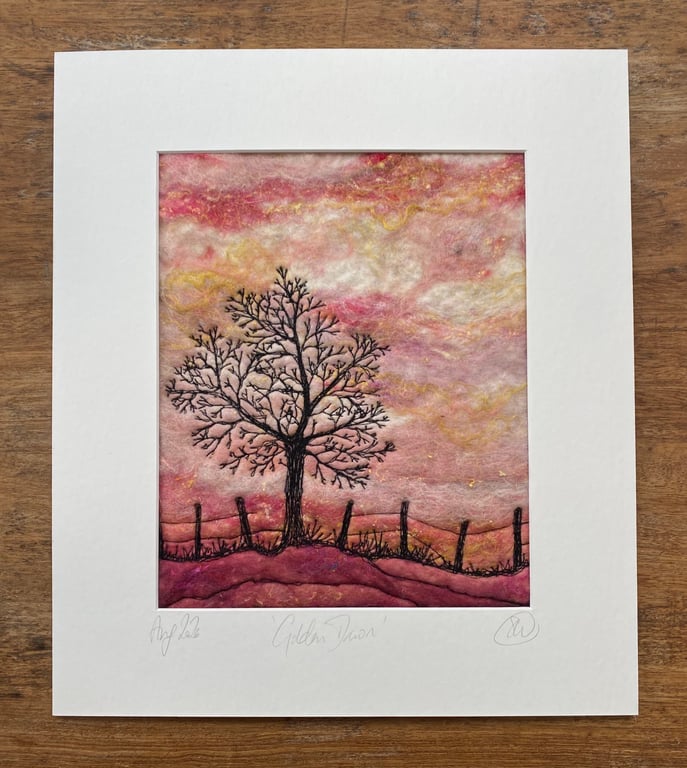 Sunrise tree and fence landscape mounted fibre Art. 