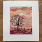 Sunrise tree and fence landscape mounted fibre Art. 
